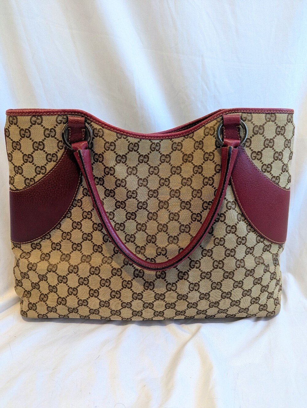 Gucci GG Canvas Tote Bag Beige Monogram Burgundy Leather Trim w/ Dust Bag